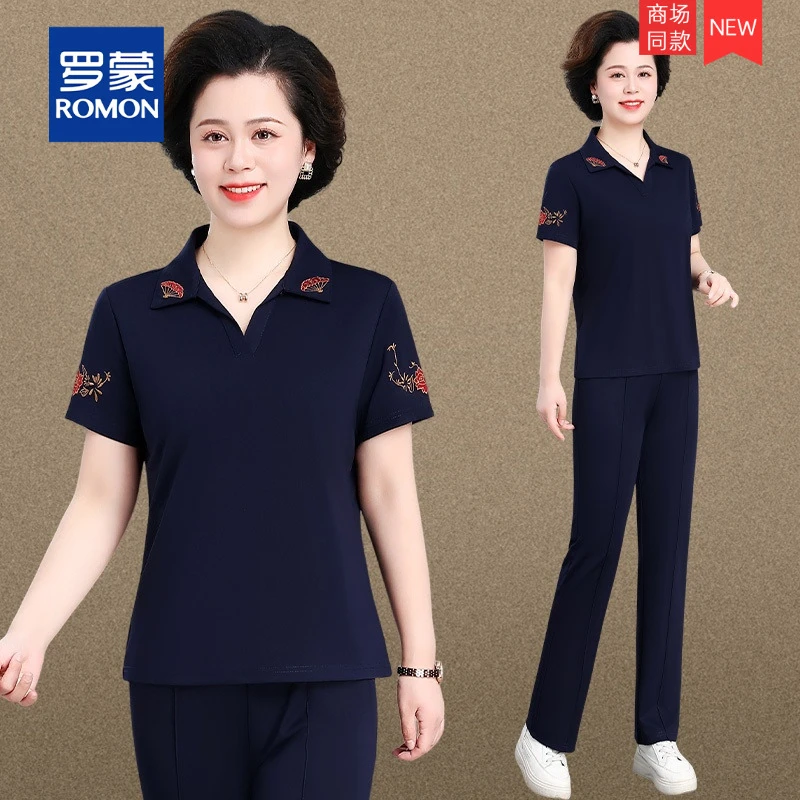 妈妈夏装套装洋气大码新款中老年人短袖T恤国风上衣运动服女夏季