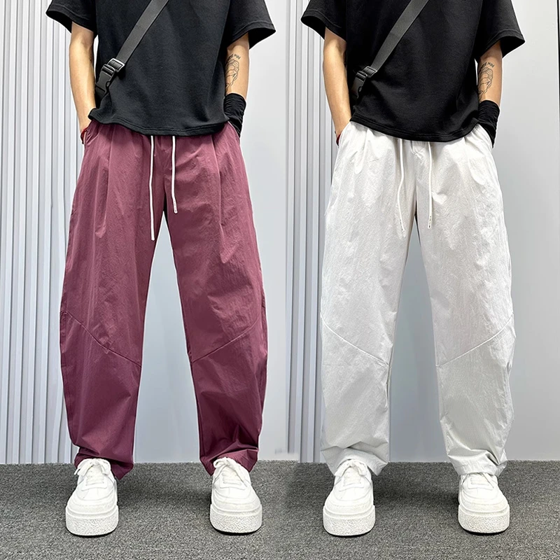 美式潮牌柳叶弯刀裤男夏季薄款宽松直筒裤子痞帅设计感紫色休闲裤