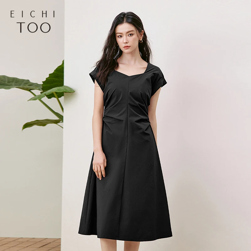 爱居兔25夏季新款收腰显瘦短袖时尚小黑裙连衣裙EQLBJ2Q016A