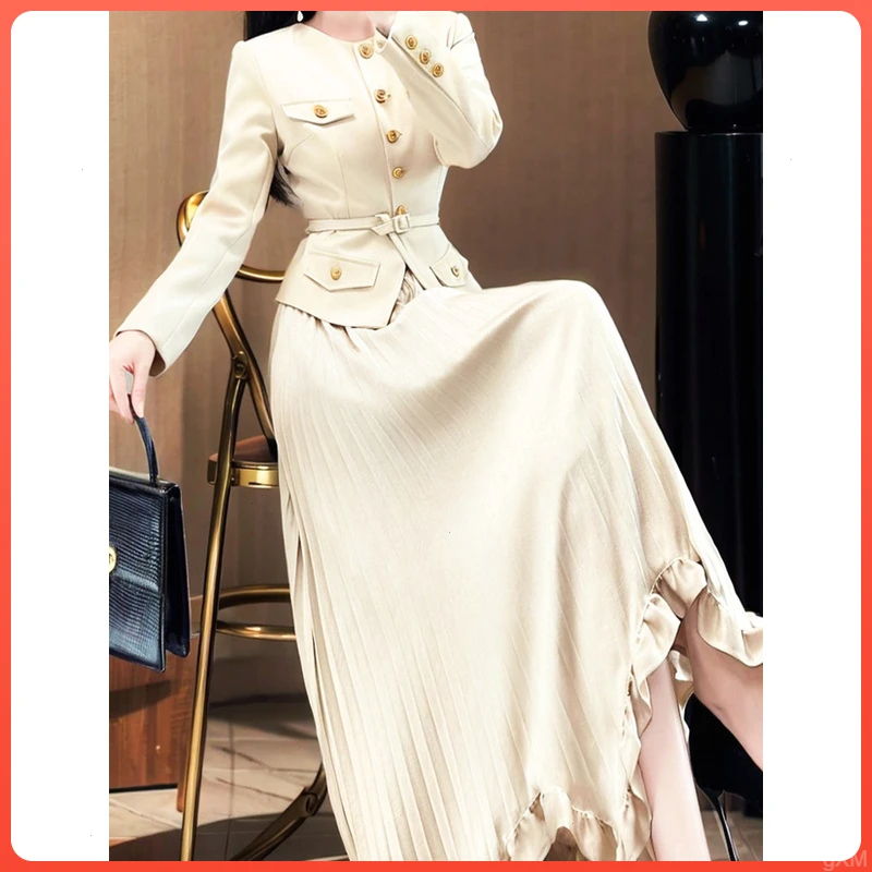 2025年奢美姿爆款秋季上档次工装短外套百褶半裙两件套连衣裙