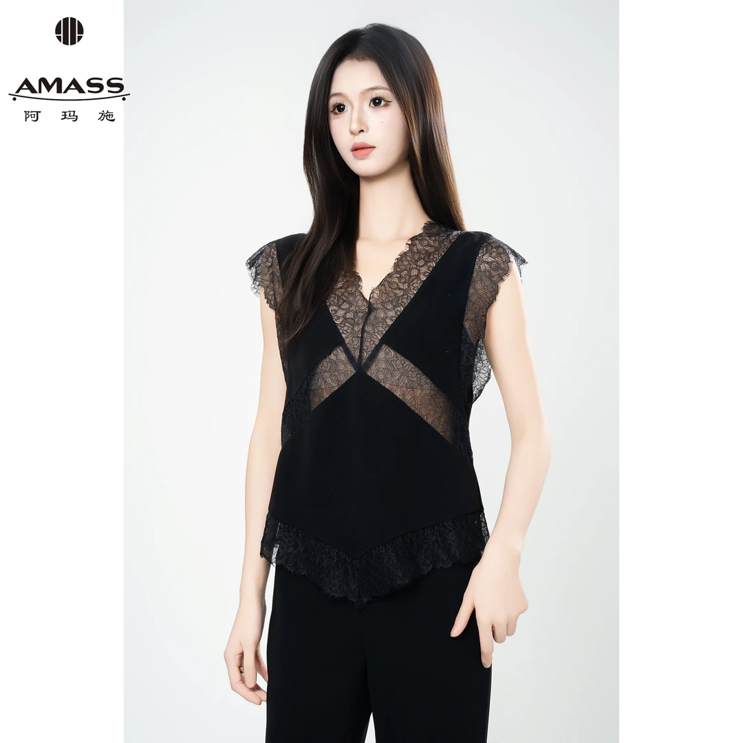 AMASS/阿玛施春夏新款蕾丝V领打底衫拼接宽松镂空无袖背心5300598