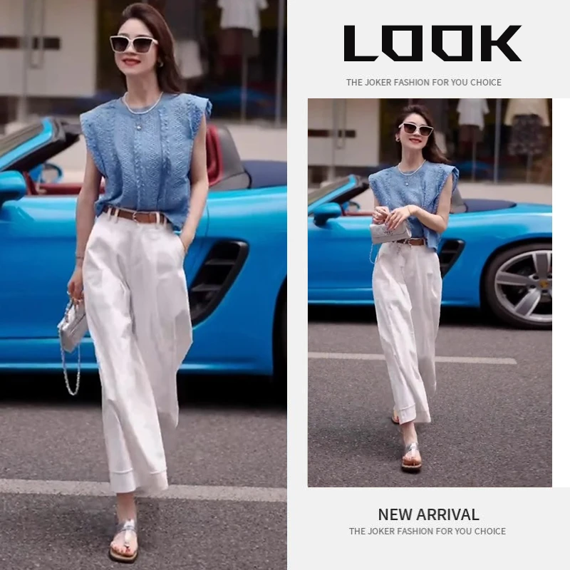 流行穿搭一整套女2025新款显瘦时尚无袖上衣宽松高腰休闲裤两件套