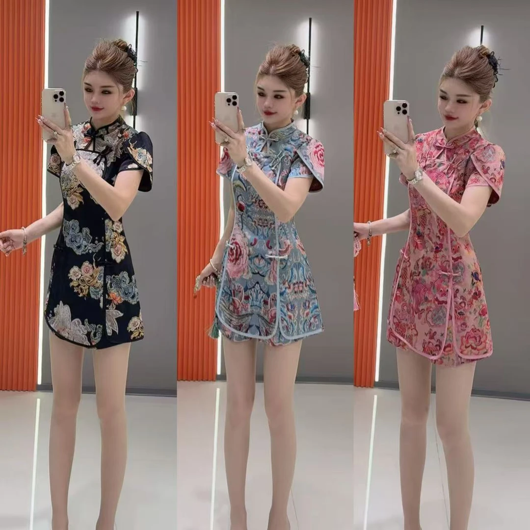 小 8366 新中式国风盘扣收腰显瘦旗袍连衣裙 加 短裤 两件套