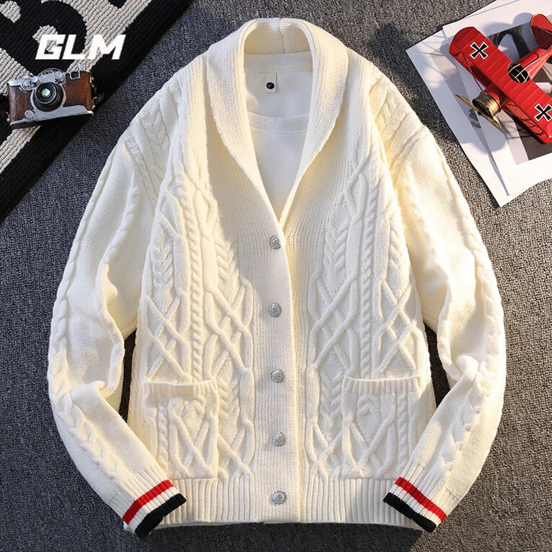 GLM扭花撞色V领学院风毛衣外套男春秋季新款潮流简约休闲百搭开衫