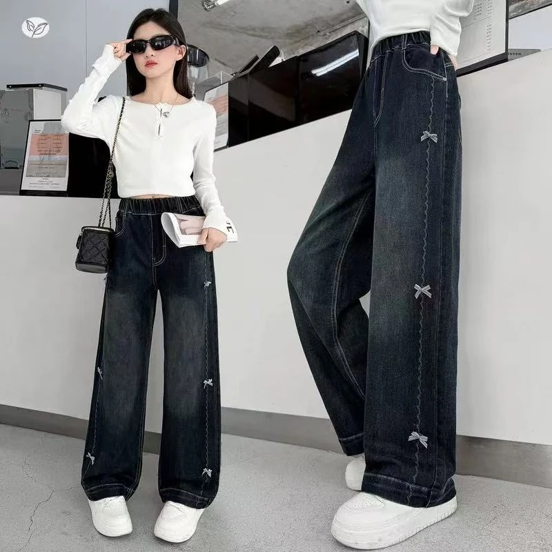 女童牛仔裤春秋2025新款女大童窄版显瘦阔腿裤初中生洋气炸街裤子