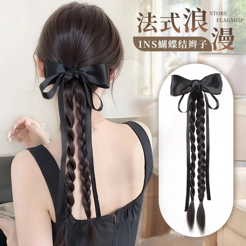 假发辫子抓夹马尾仿真发法式丝带蝴蝶结麻花长辫子新中式马尾假发
