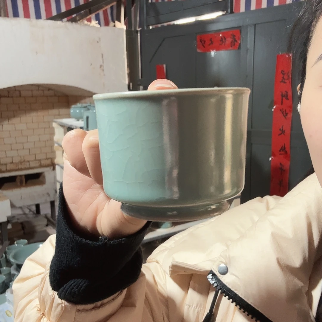 陶摆件汝瓷容天杯支钉烧仿古釉