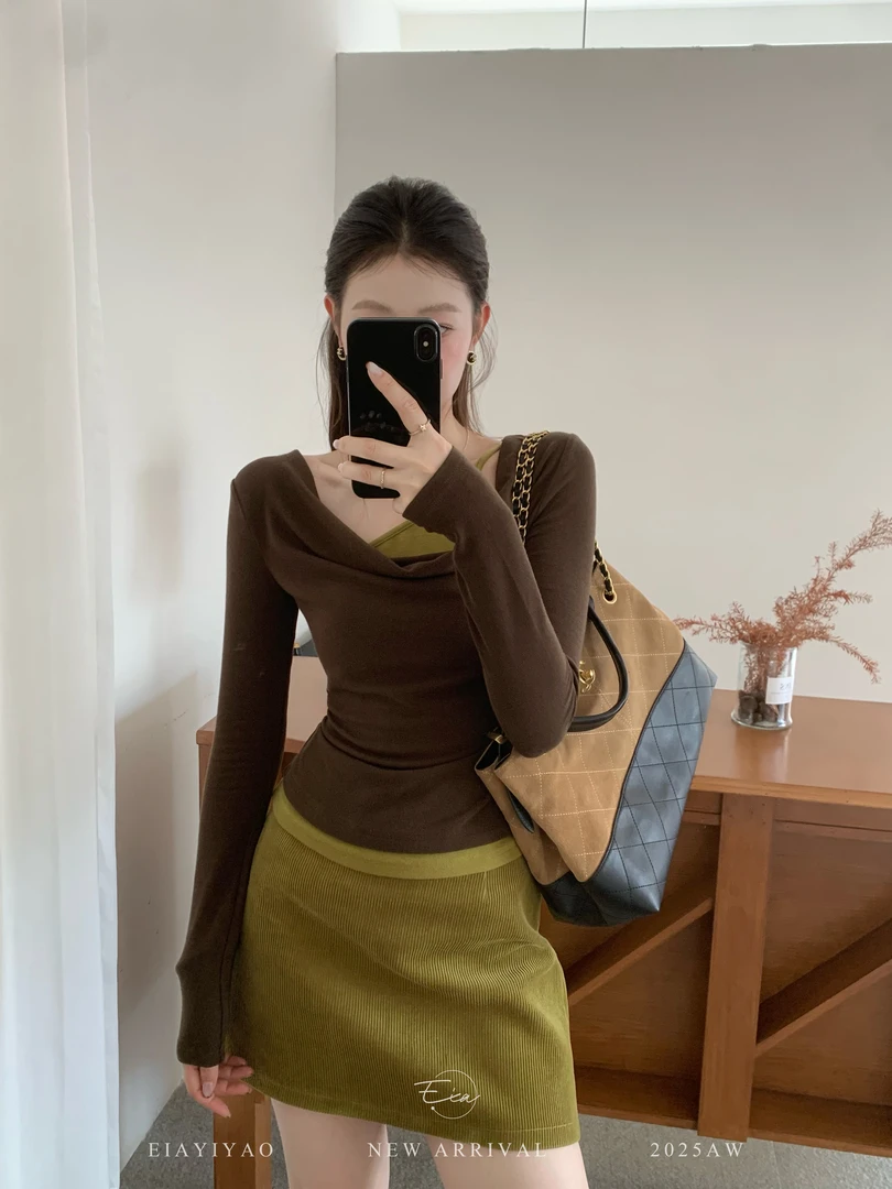 EIA一尧【软软女友】韩系纯欲气质假两件上衣荡领显瘦防走光设计ins