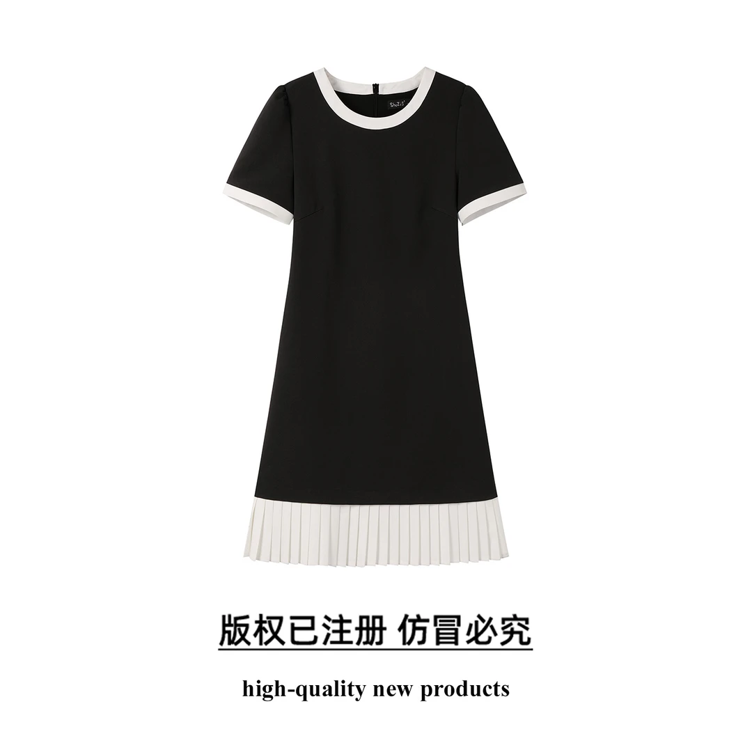 大码女装2025夏季减龄百褶拼接时尚连衣裙胖妹妹简约圆领裙子