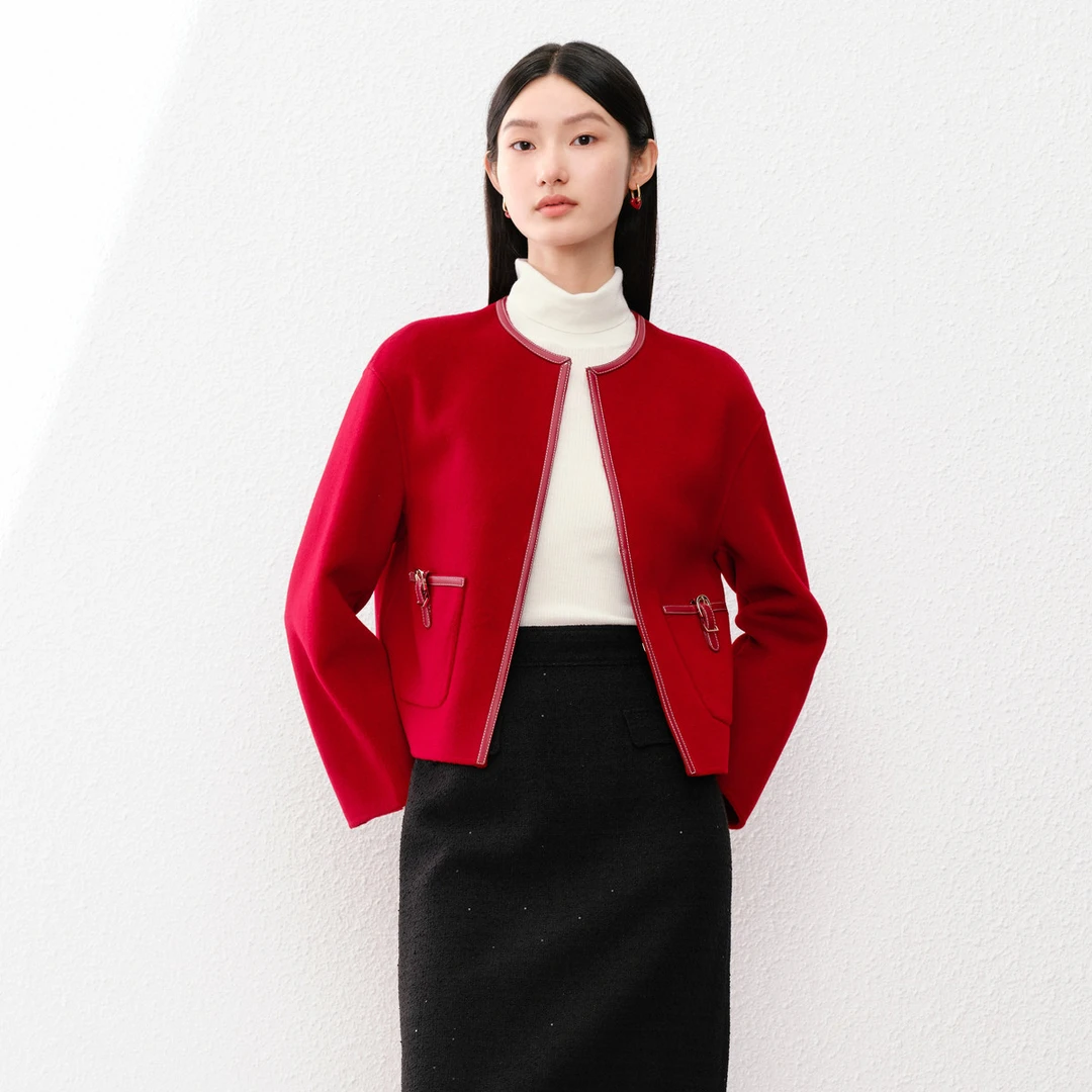 【李老板专属】时尚通勤拼接皮革羊毛外套女CB00240D2/CB00242W0