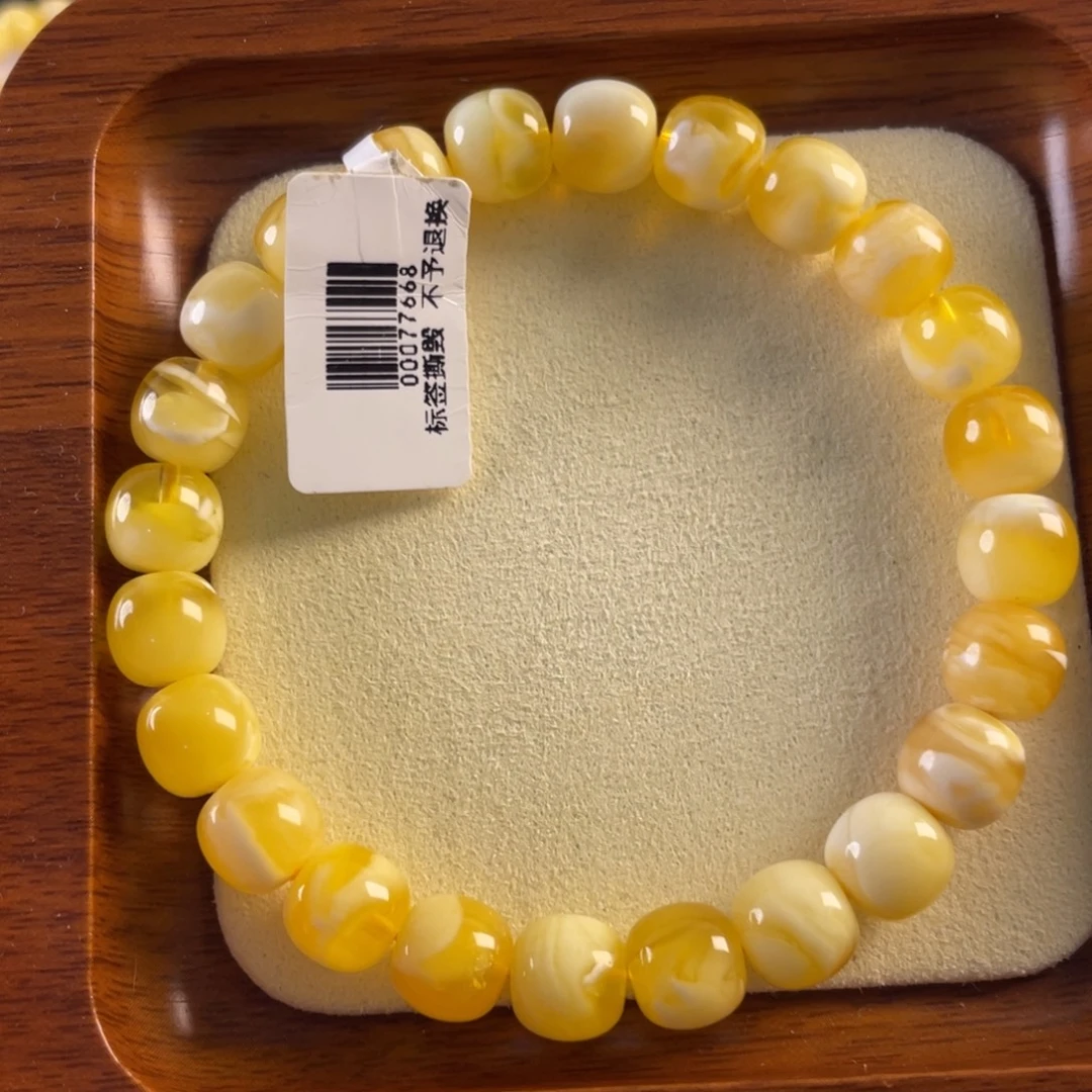 琥珀未镶嵌手链9mm精工高桩蜜蜡手串。金白妖花
