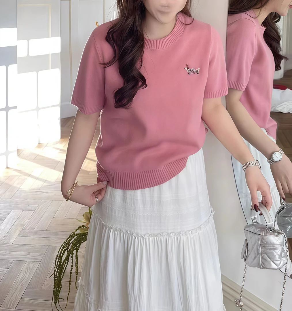 3878大码春夏新款2025宽松显瘦刺绣针织衫上衣微胖mm百搭短袖毛衣