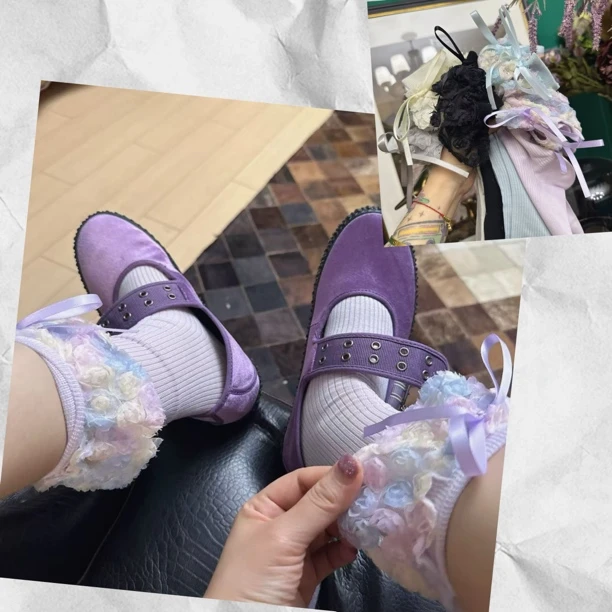 韩系黑白色蝴蝶结花边中筒袜洛丽塔学院风潮袜玫瑰花边女袜