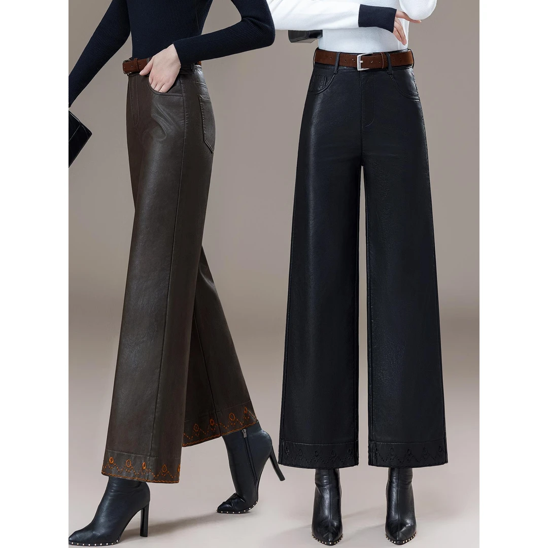 复古时髦刺绣皮裤2025秋季新款简约百搭小个子巨好看高腰阔腿皮裤