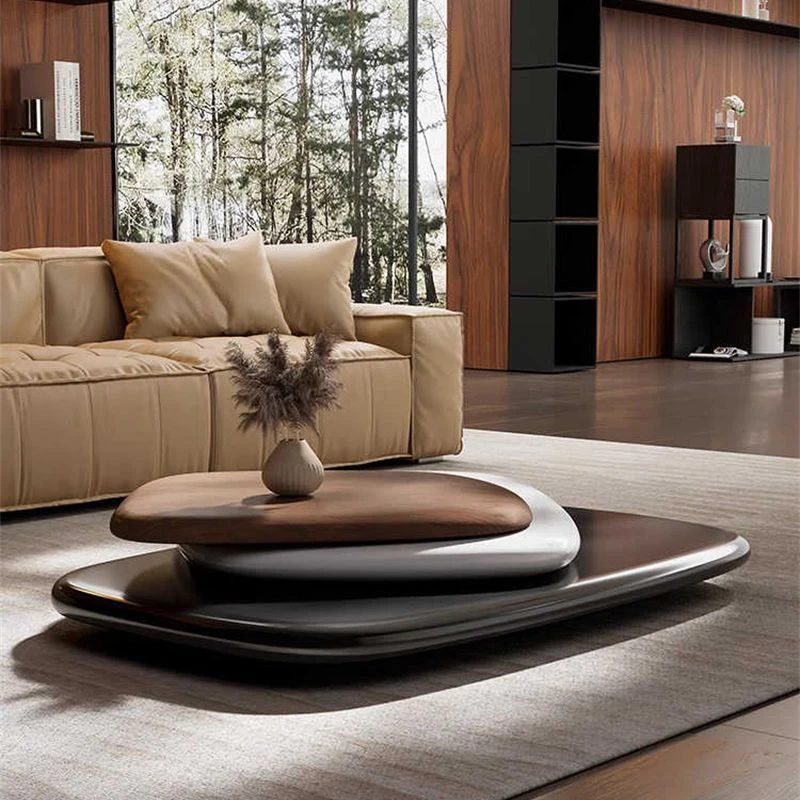 极简公寓客厅意式小户型鹅卵石客厅茶几茶几轻奢旋转网红家用高级