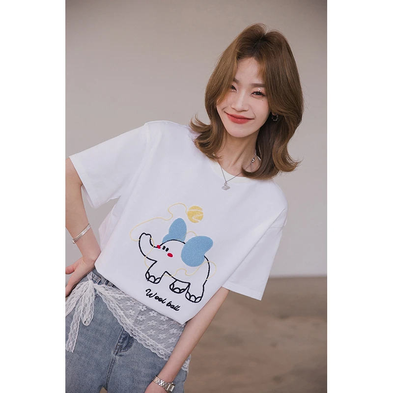 小谷粒小象T恤卡通毛巾绣短袖女2025夏季新款设计感可爱减龄上衣