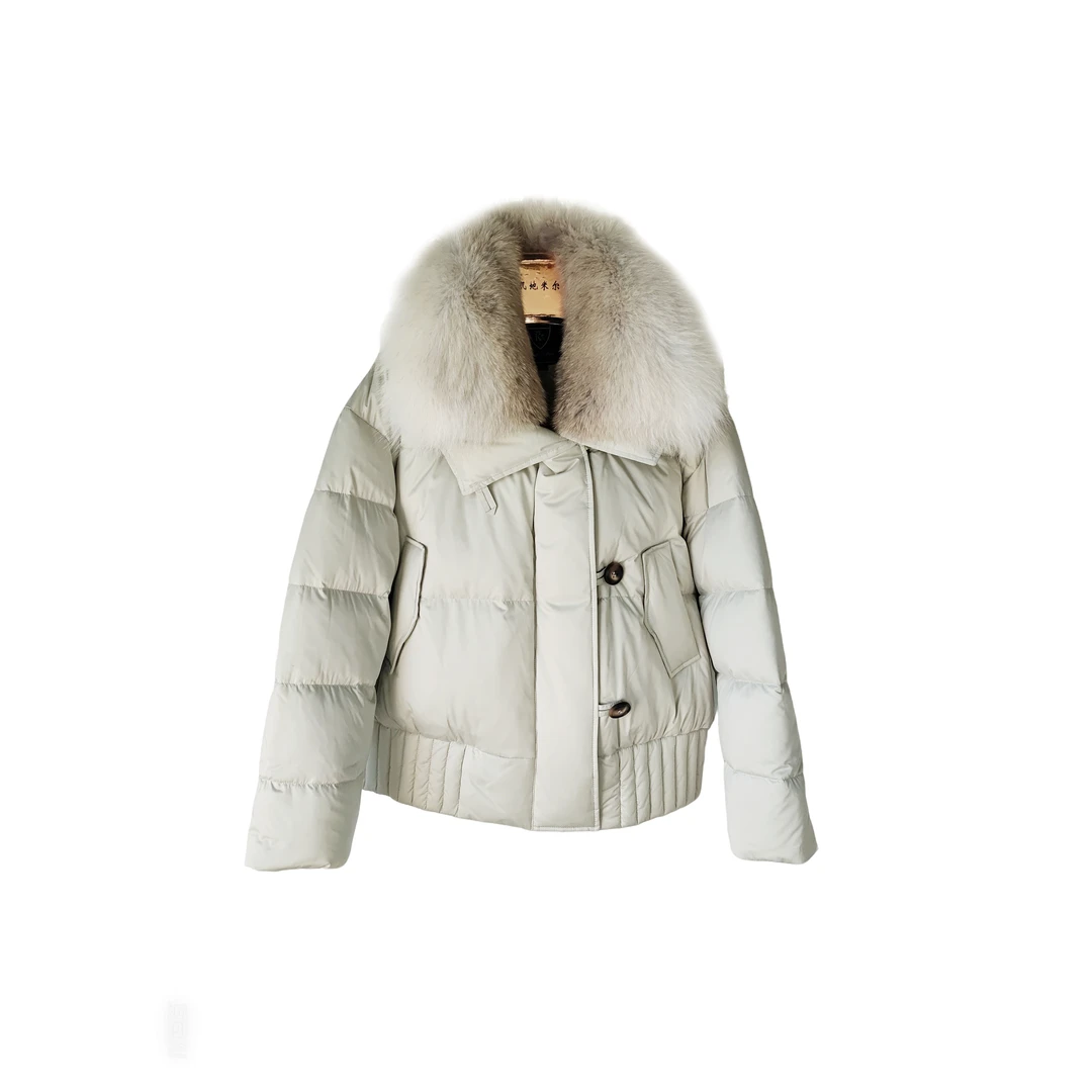 23183短款时尚冬季女款高端休闲狐狸毛领羽绒服冬季大毛领2025