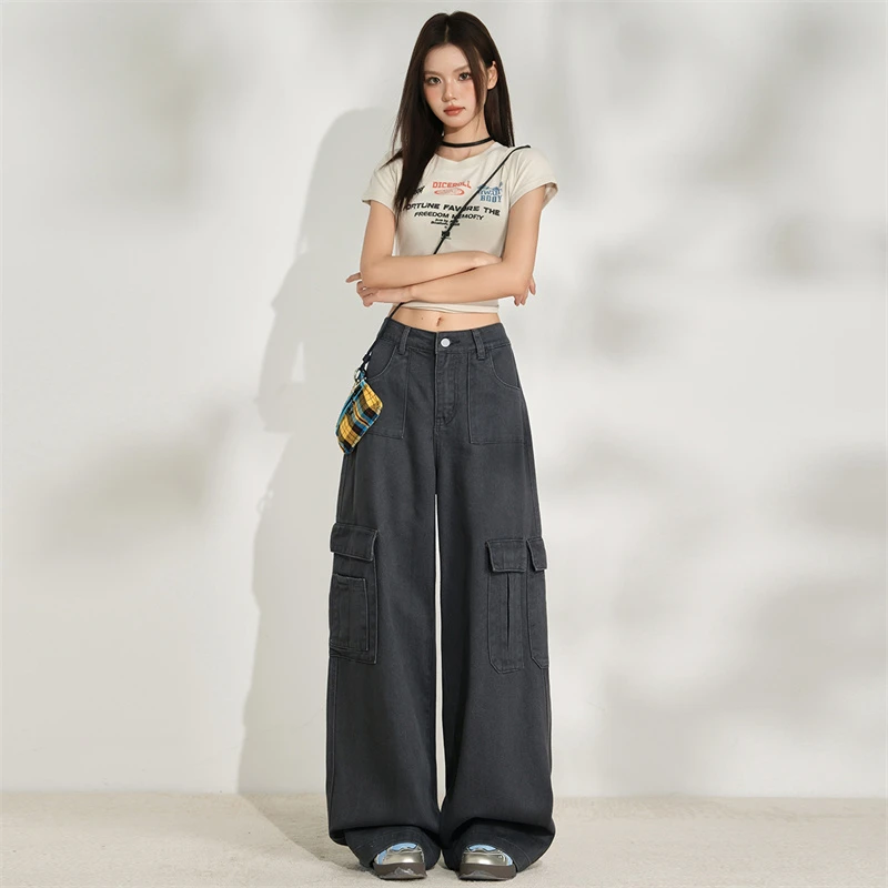 美式街头辣妹水泥灰色多口袋休闲工装裤女2025早秋时尚百搭神裤