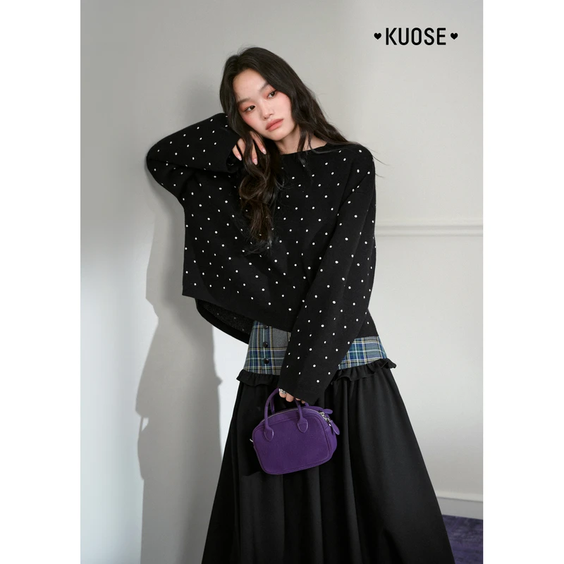 阔色黑色波点针织衫宽松2025秋冬新款女装气质长袖上衣KSH2510018