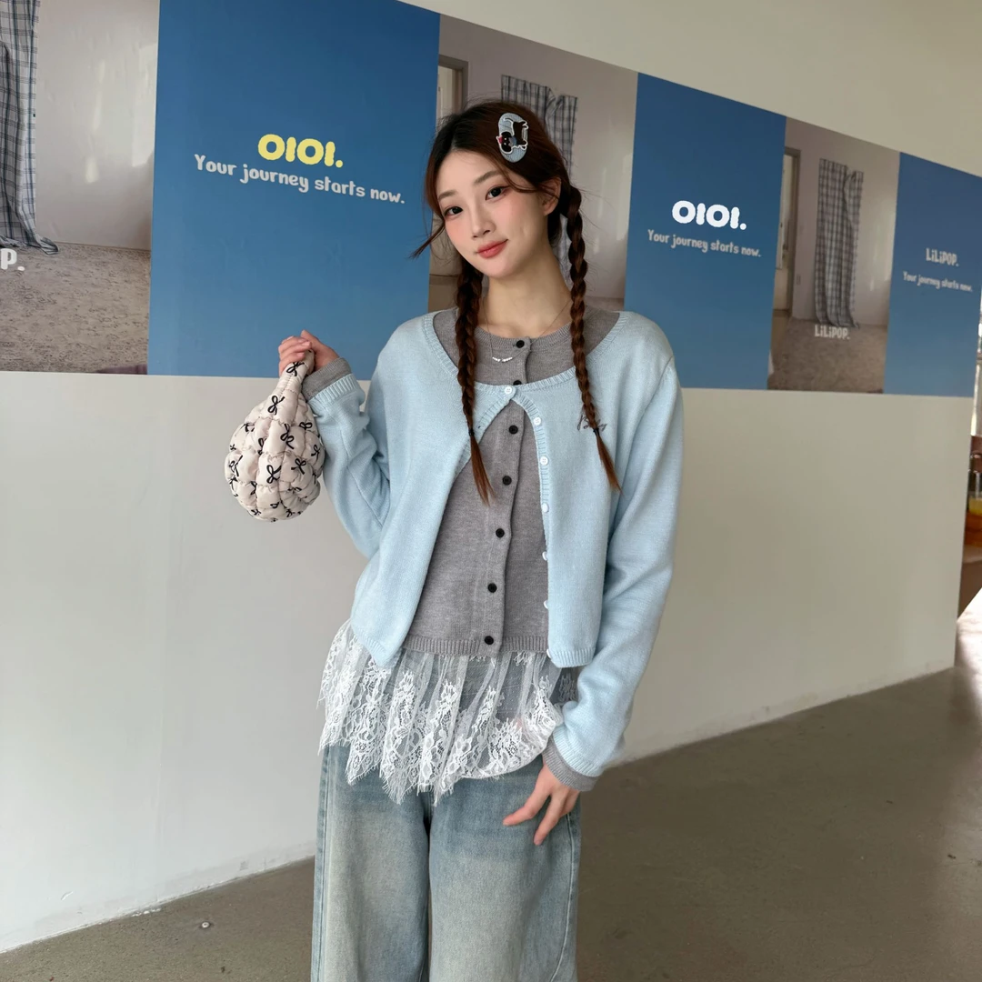 byo!oi OIOI早春韩系新款oi假两件撞色拼接毛衣开衫小众设计上衣