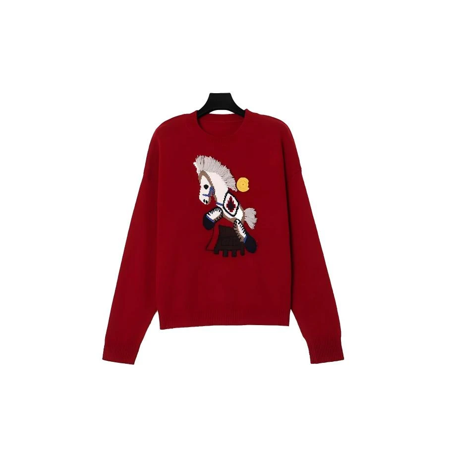 马年迎新 过年喜庆红色重工刺绣圆领云感软保暖宽松针织衫61075