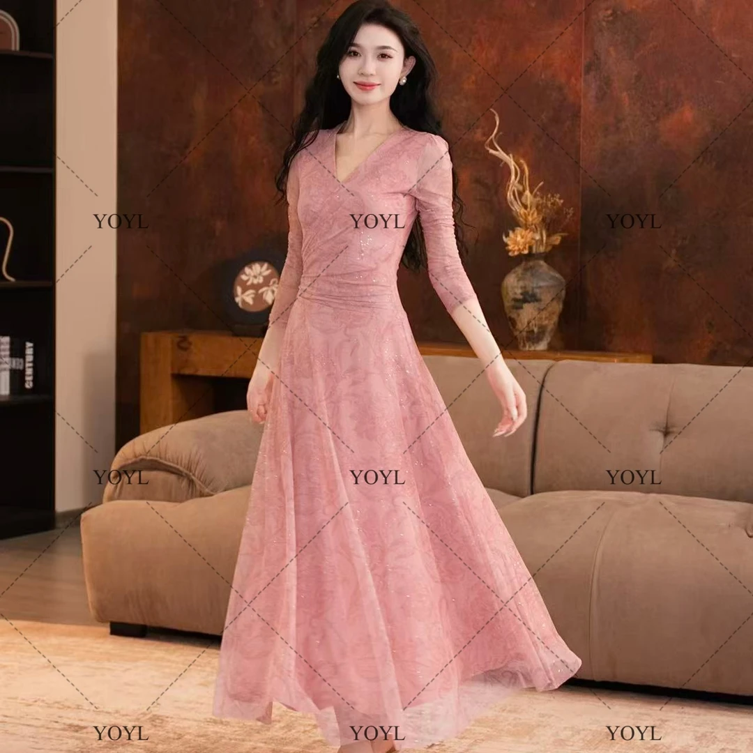 【yola】芸纱秋季新款高级法式显瘦V领设计不规则A摆连衣裙-YL11803