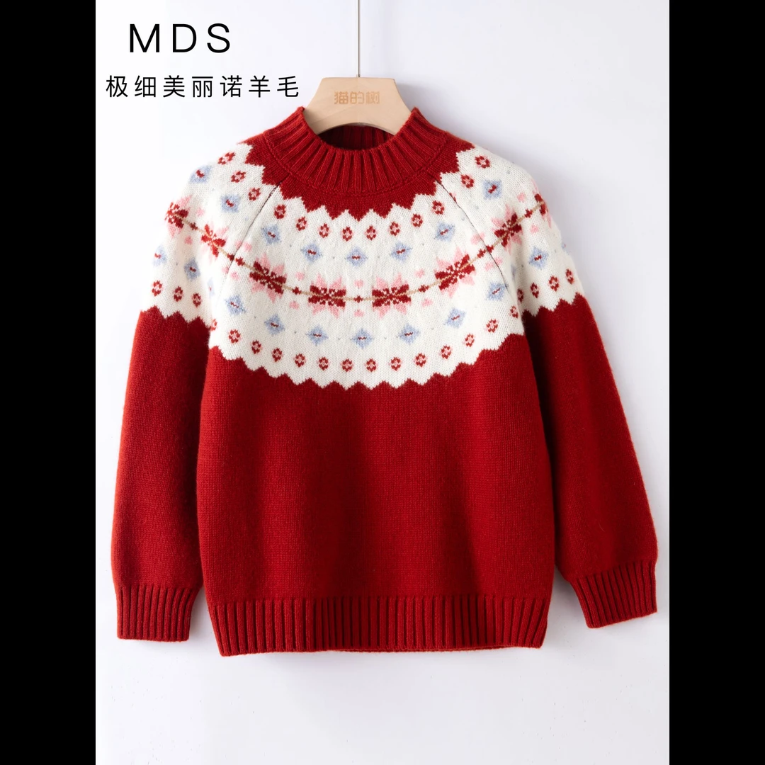 【100%羊毛-费尔岛】猫的树红色针织加厚纯羊毛韩版套头秋冬