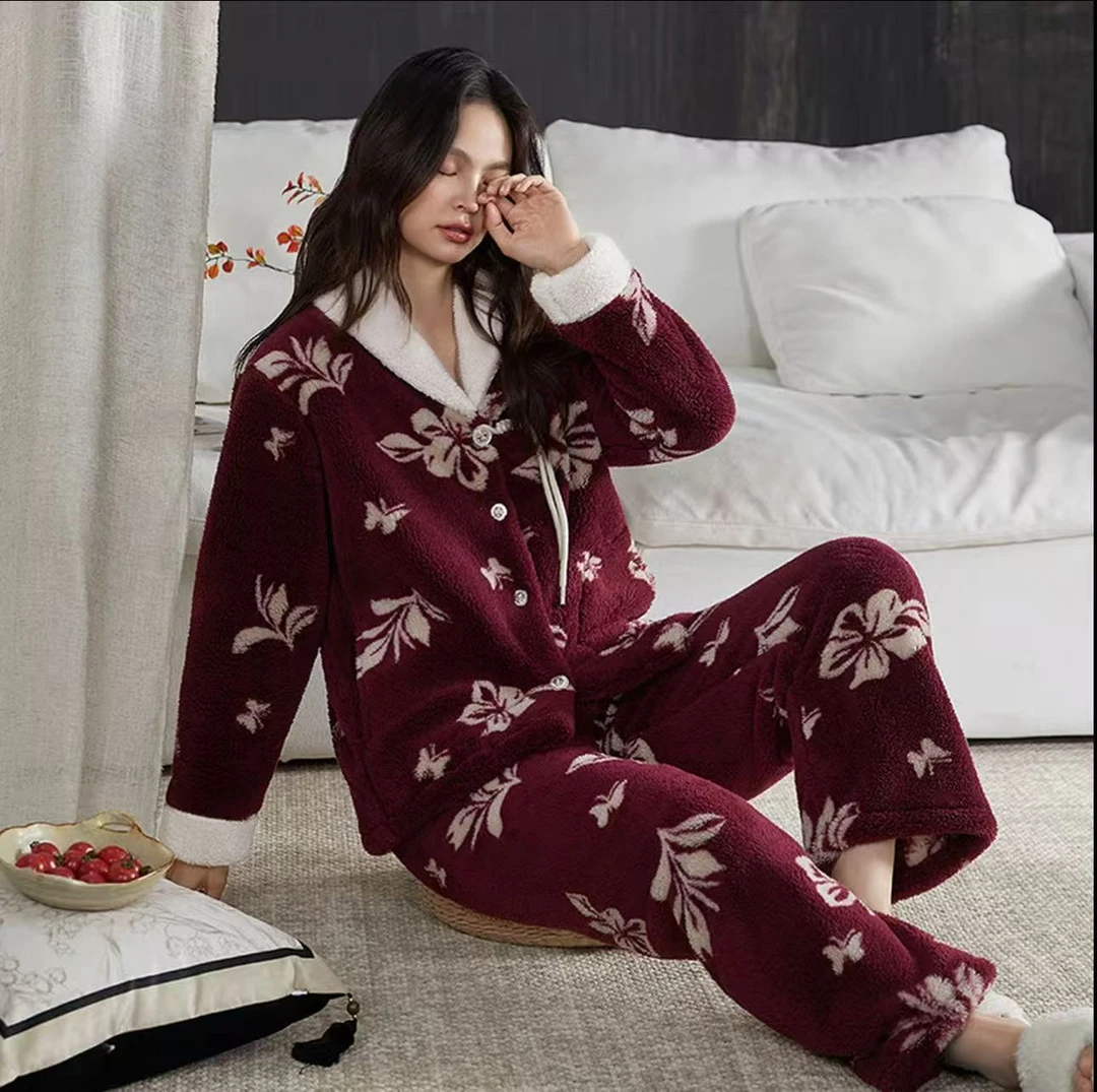 秋冬新中式甜美珊瑚绒加厚加绒树叶印花女家居服宽松套装睡衣33