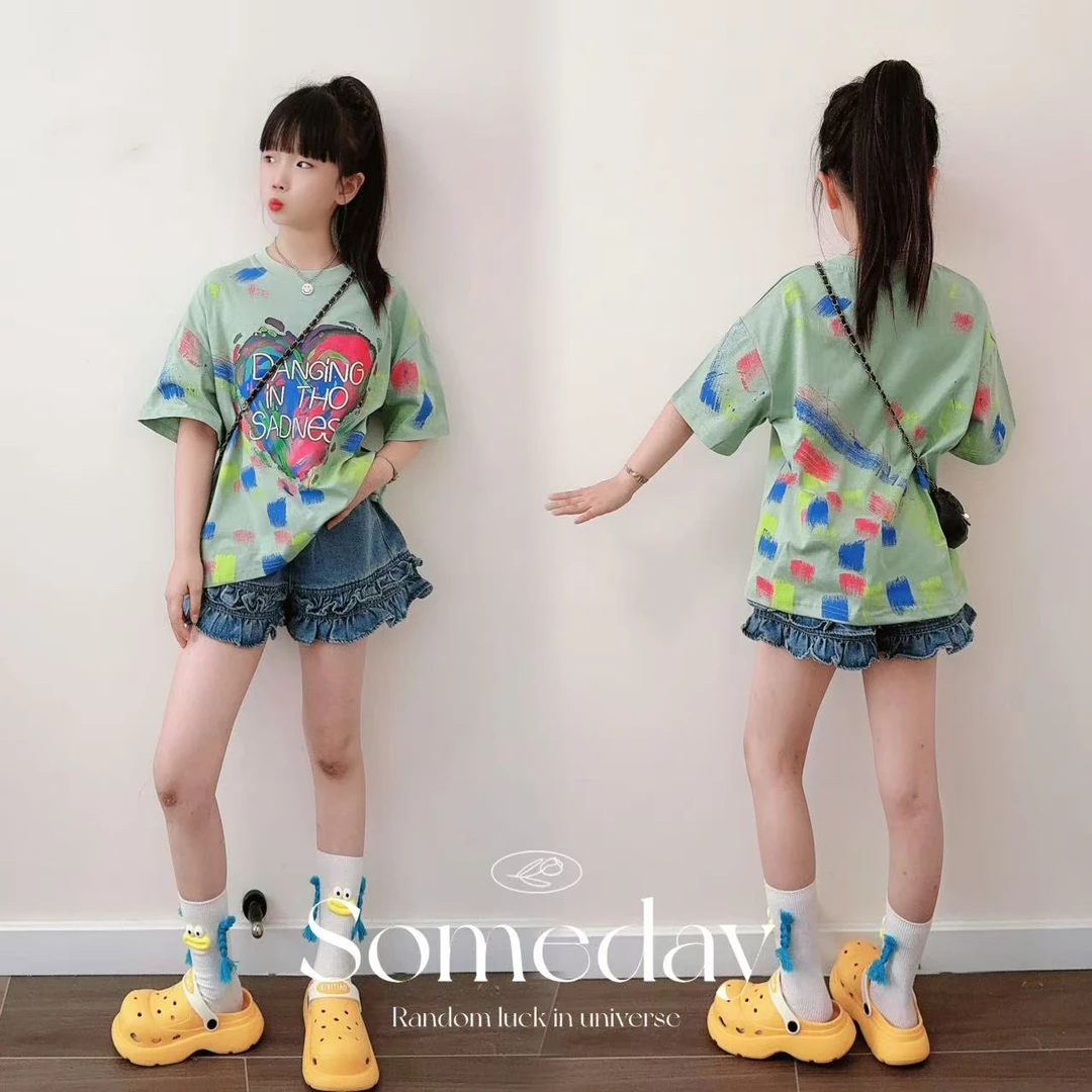 女童夏季扎染短袖T恤与牛仔短裤套装时髦洋气适合中大童