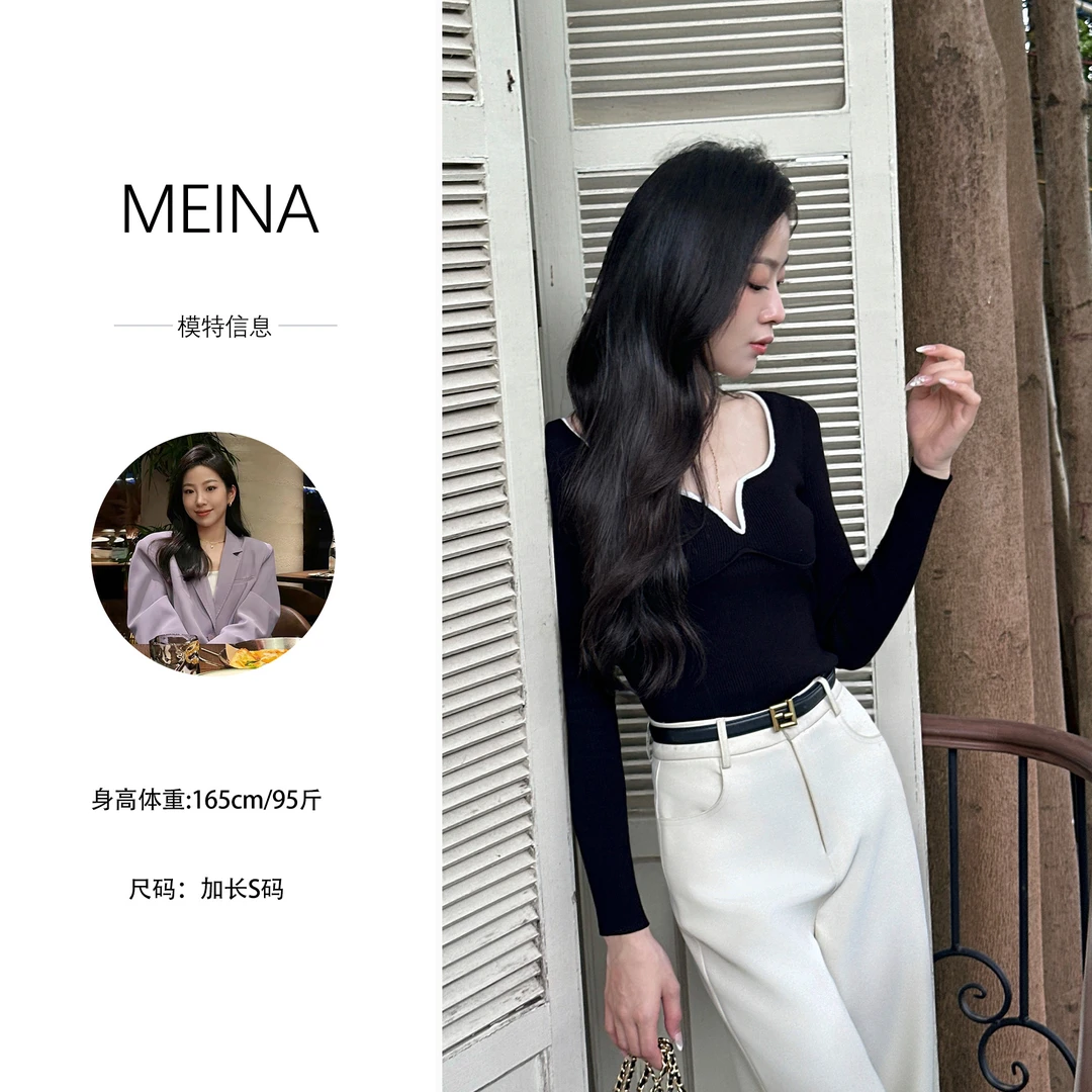 MEINA【玫瑰夜曲】春秋新款撞色高级水滴领设计感简约百搭长袖上衣