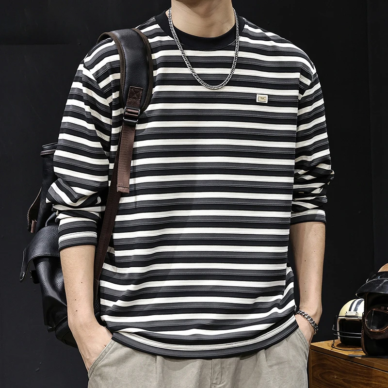LEIGHZ/雷茨条纹长袖t恤男士2025秋季新款美式百搭宽松圆领打底衫