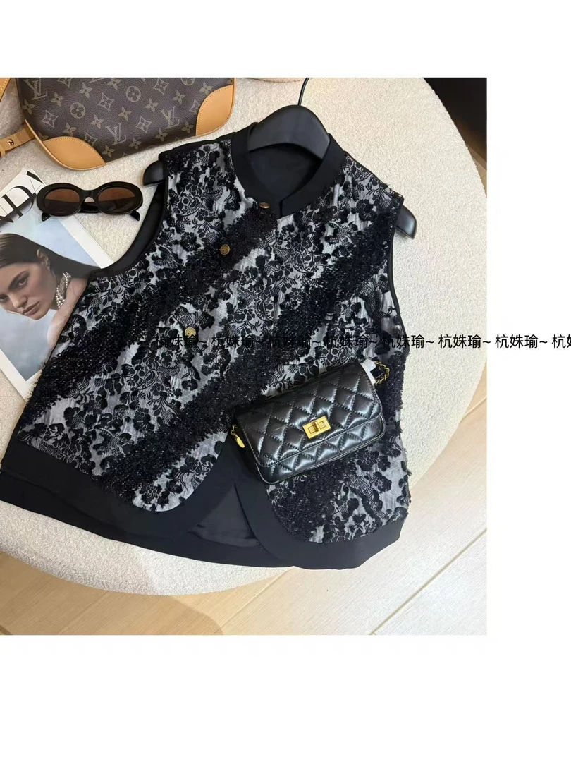 【南风谷】重工拼色烧花精致立体圆领刺绣单排扣无袖马夹25092