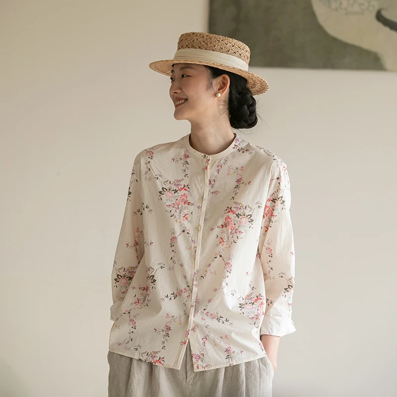 牧衣游原创 小野花手绘印染新疆棉衬衫春季新品圆领文艺上衣 岛风