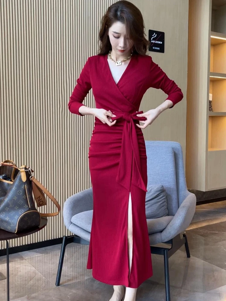 法式轻熟风绑带长袖V领连衣裙女2025秋季新款洋气显瘦绝美包臀裙