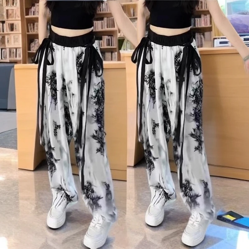 阔腿裤女高腰垂感夏季薄款冰丝凉凉裤潮流个性别致印花休闲拖地裤