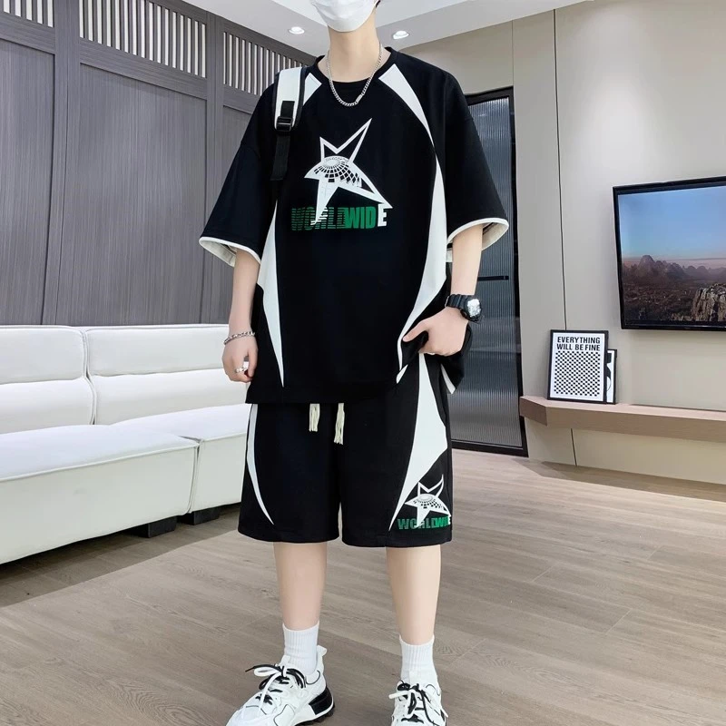 夏季冰丝运动短袖套装男休闲加肥加大码宽松T恤短裤一套帅气搭配