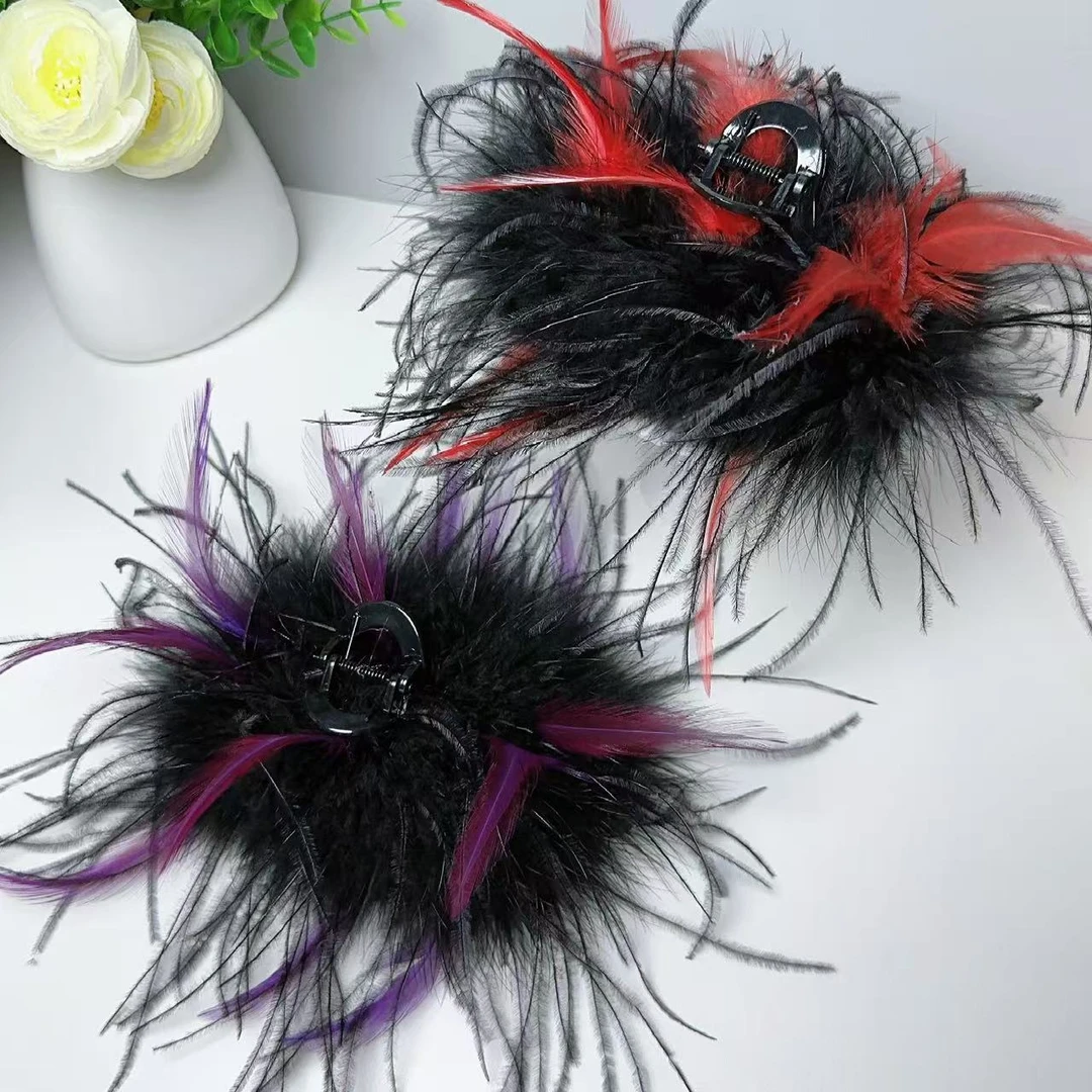 2025秋冬新款鸵鸟毛羽毛抓夹超仙网红爆款彩色毛毛发夹显发量抓夹