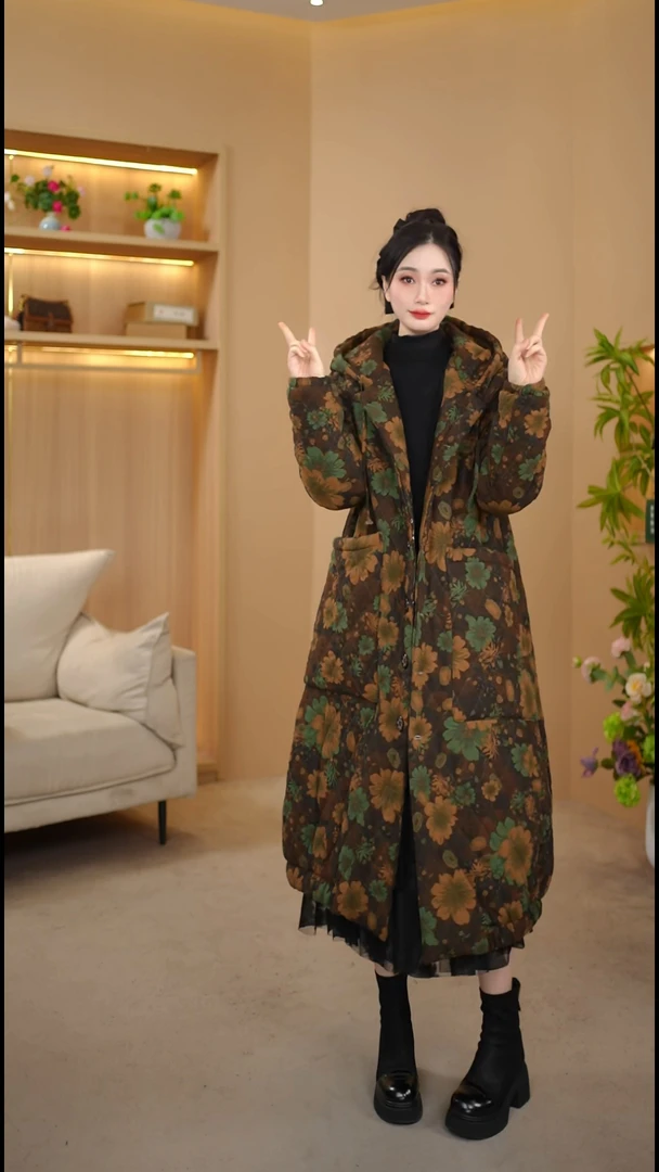 加棉再加绒中长款棉服时尚连帽连帽保暖冬季大口袋文艺棉袄