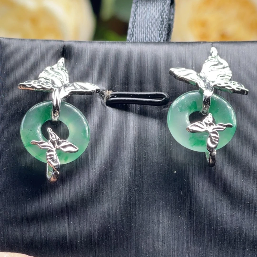 石英质玉（非洲翠）合金耳钉炸光冰飘花甜甜圈带证书