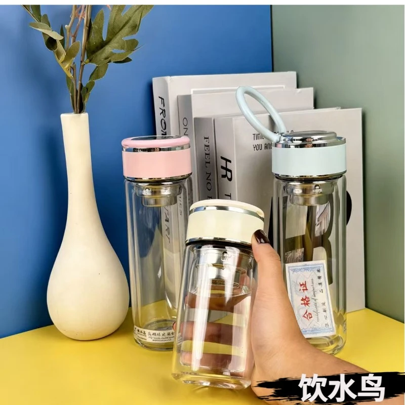 双层玻璃杯提环水杯大容量茶水分离杯隔热车载茶杯加厚泡茶杯便携