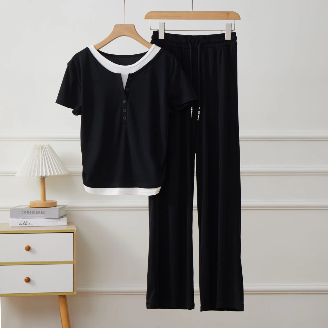 夏日冰丝螺纹假两件收腰套装【短衣+长裤】