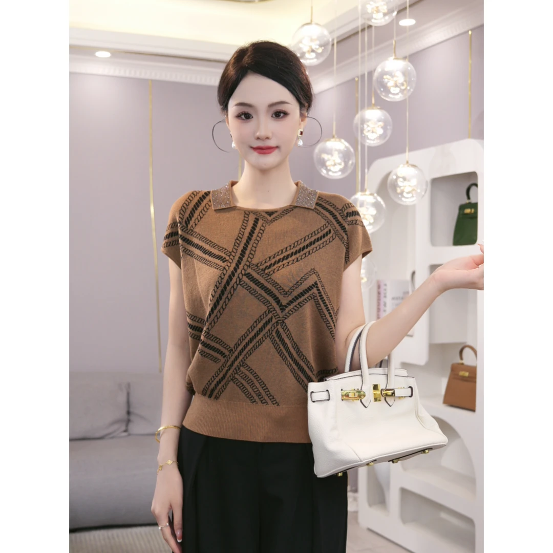 2025夏季新款【7558】轻奢烫钻新中式竹叶圆领短袖莱赛尔针织小衫女