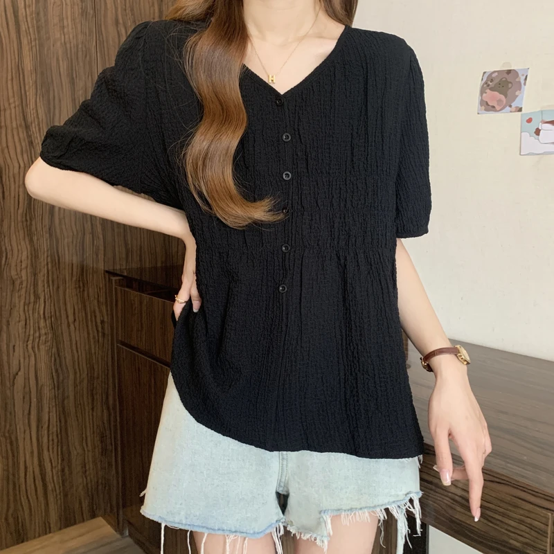 减龄气质设计感V领短袖T恤上衣