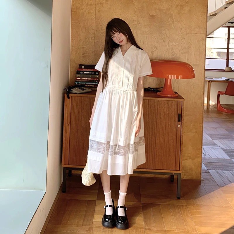 东京岁时记jk白色连衣裙学院风收腰显瘦短袖花边连衣裙女2025初春