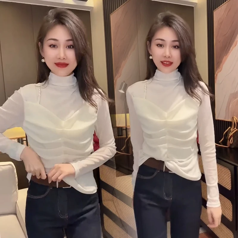 秋季新款假两件上衣女重工拼接时尚显瘦打底衫气质百搭长袖内搭女