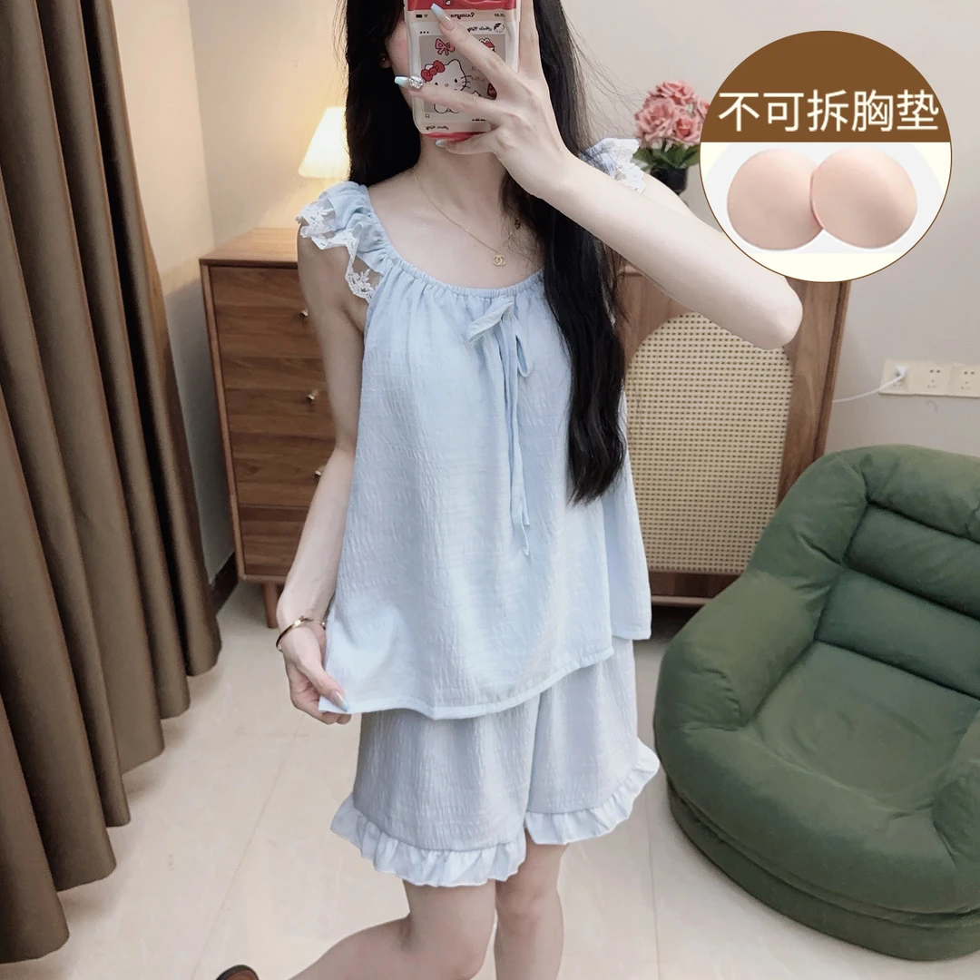云朵棉睡衣女夏季baby蓝小飞袖花边少女小个子甜美新款家居服套装