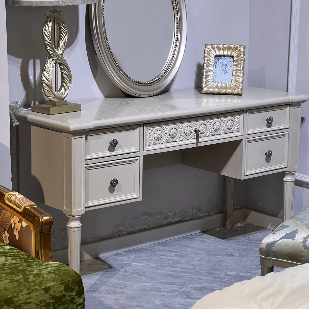 建筑复兴梳妆台实木雕花写字台做旧雕花美式白色轻奢复古法式家用