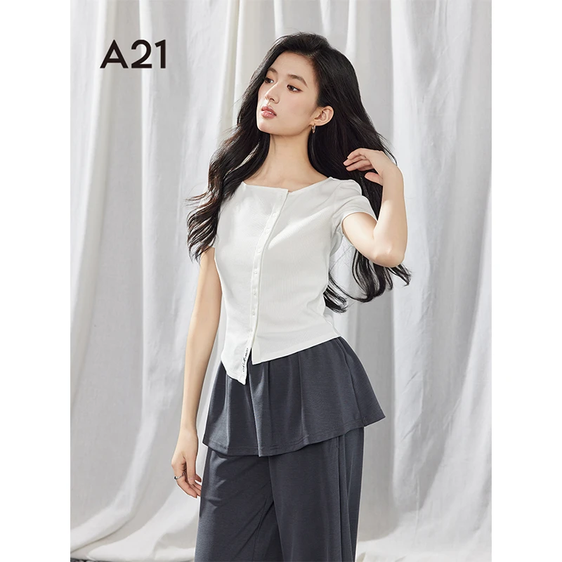 A21女装针织不规则上衣合体圆领短袖T恤F451231025