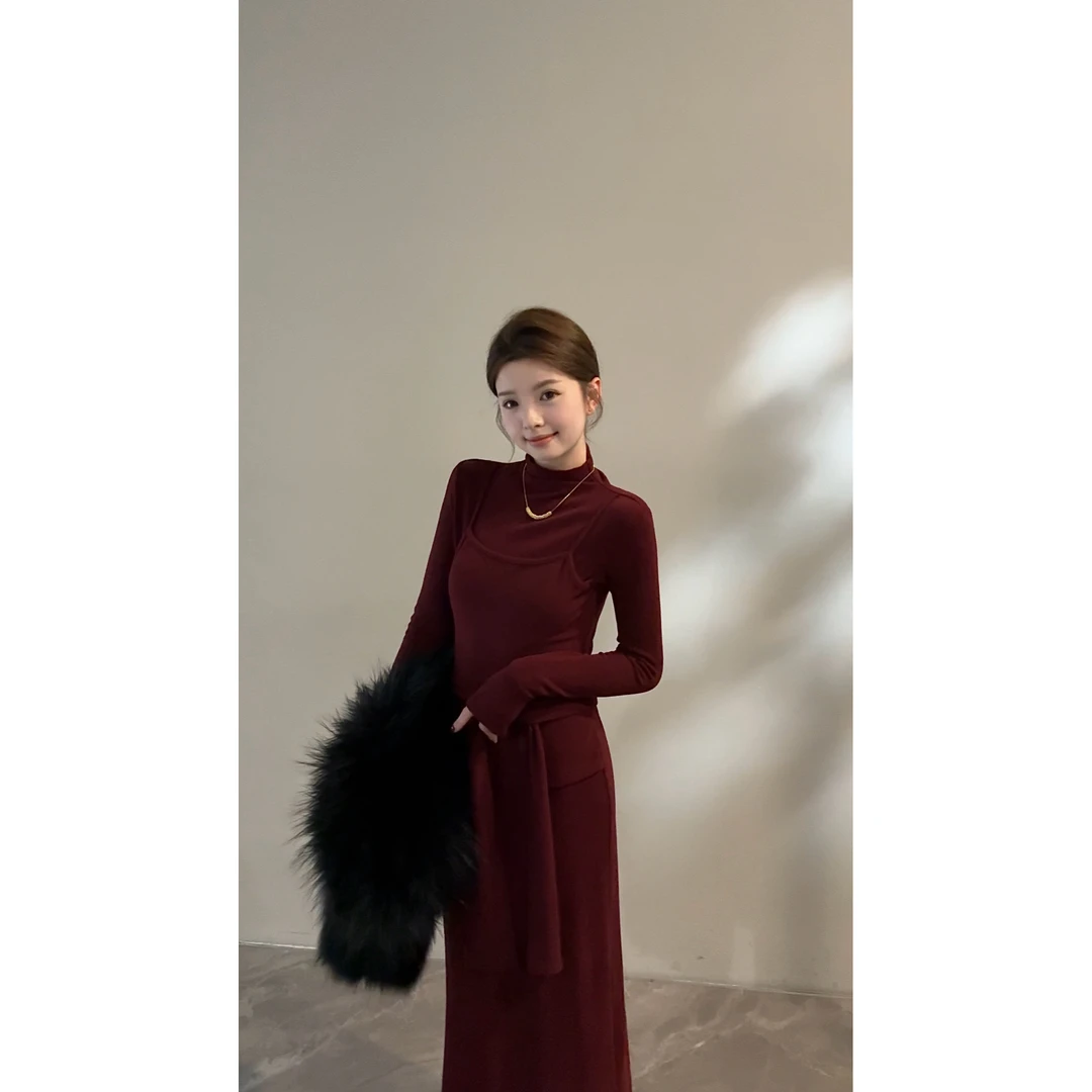 【颂宋】时尚显瘦长袖吊带假两件复古小众气质百搭连衣裙DT1836