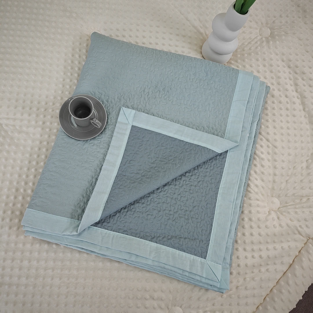 G008 全棉100s贡缎绗缝双人床盖 秋波蓝200*230亲肤防滑